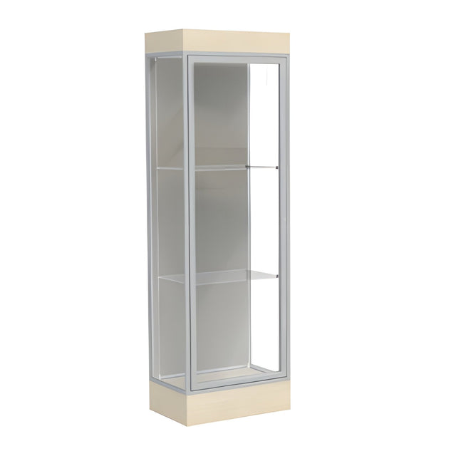 Edge Lighted Floor Display Case, 6" Beigewood Base w/ Harbor Back and Satin Natural Aluminum Frame, 76"H x 24"W x 20"D