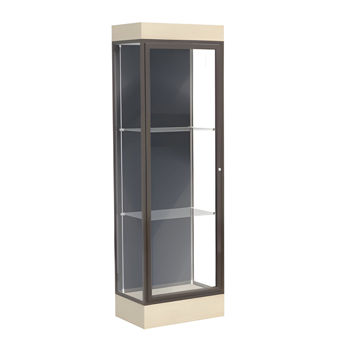 Edge Lighted Floor Display Case, 6" Beigewood Base w/ Slate Back and Dark Bronze Aluminum Frame, 76"H x 24"W x 20"D