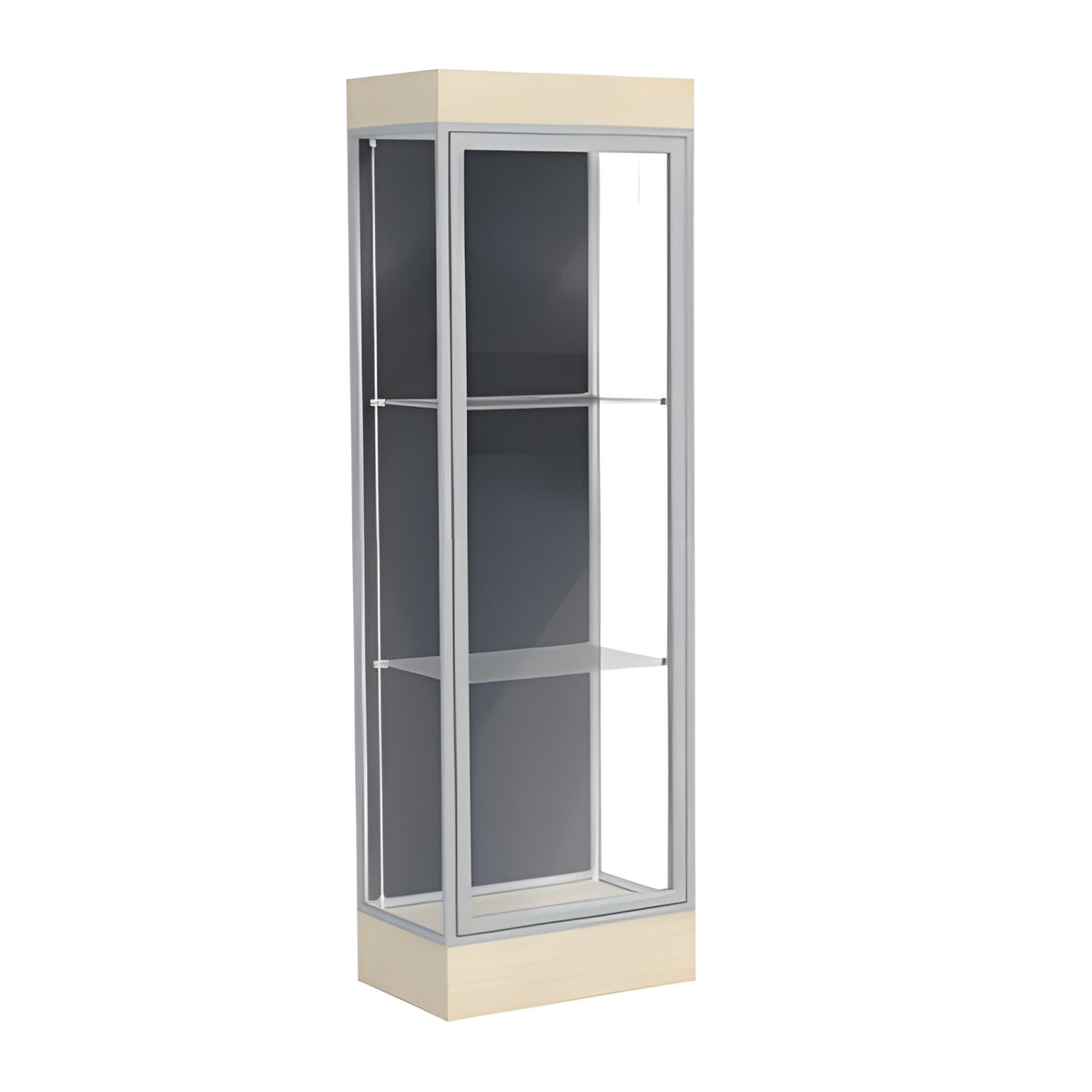 Edge Lighted Floor Display Case, 6" Beigewood Base w/ Slate Back and Satin Natural Aluminum Frame, 76"H x 24"W x 20"D