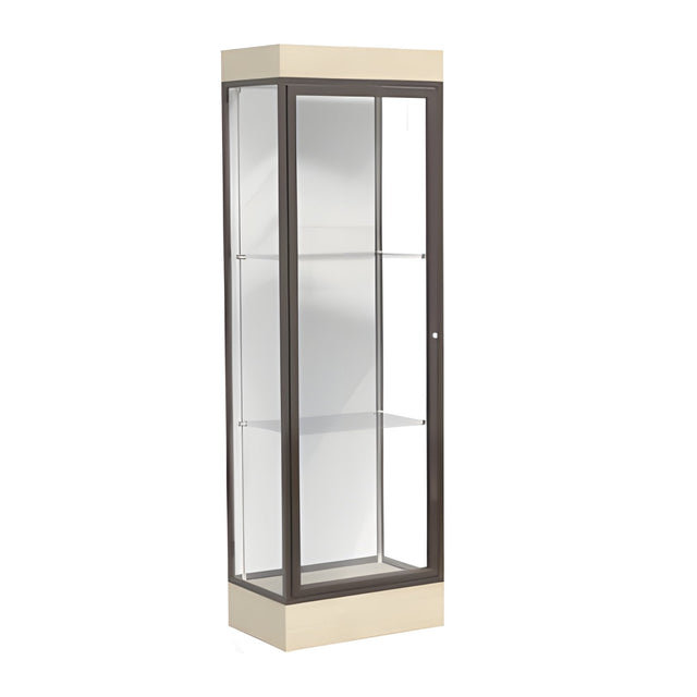 Edge Lighted Floor Display Case, 6" Beigewood Base w/ White Back and Dark Bronze Aluminum Frame, 76"H x 24"W x 20"D
