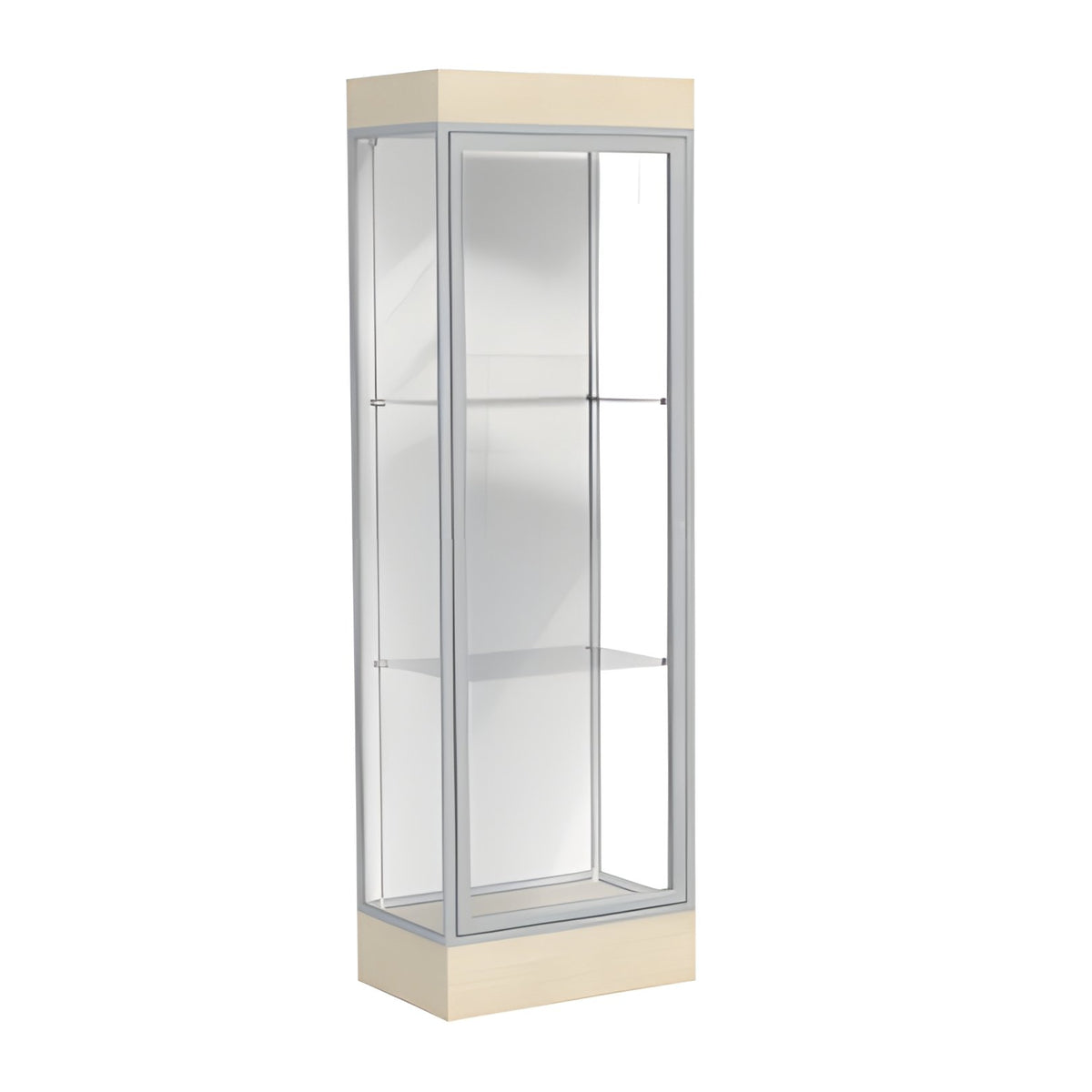 Edge Lighted Floor Display Case, 6" Beigewood Base w/ White Back and Satin Natural Aluminum Frame, 76"H x 24"W x 20"D