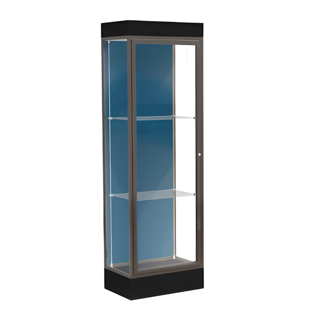 Edge Lighted Floor Display Case, 6" Black Base w/ Blue Steel Back and Dark Bronze Aluminum Frame, 76"H x 24"W x 20"D