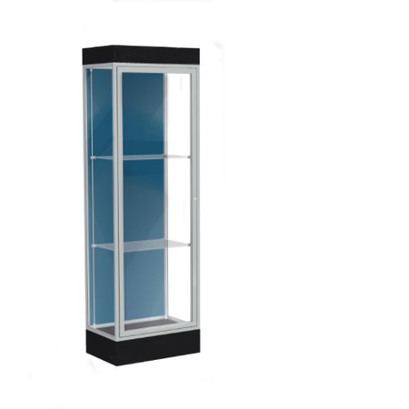 Edge Lighted Floor Display Case, 6" Black Base w/ Blue Steel Back and Satin Natural Aluminum Frame, 76"H x 24"W x 20"D