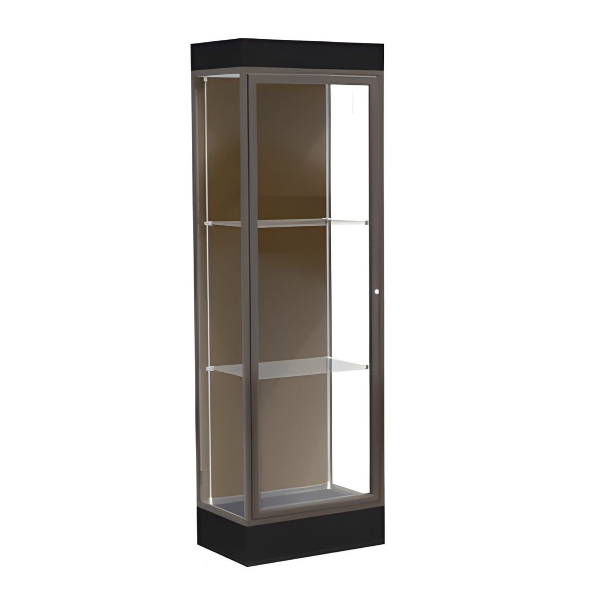 Edge Lighted Floor Display Case, 6" Black Base w/ Chocolate Back and Dark Bronze Aluminum Frame, 76"H x 24"W x 20"D