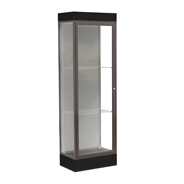 Edge Lighted Floor Display Case, 6" Black Base w/ Harbor Back and Dark Bronze Aluminum Frame, 76"H x 24"W x 20"D