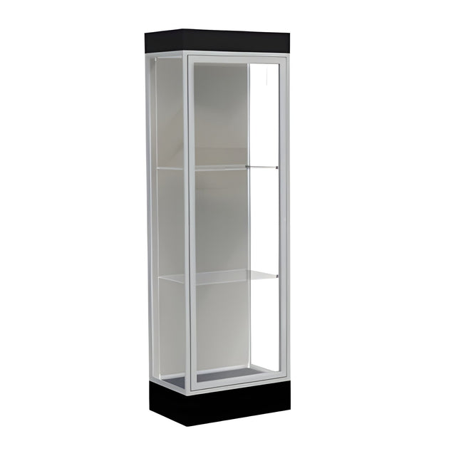 Edge Lighted Floor Display Case, 6" Black Base w/ Harbor Back and Satin Natural Aluminum Frame, 76"H x 24"W x 20"D
