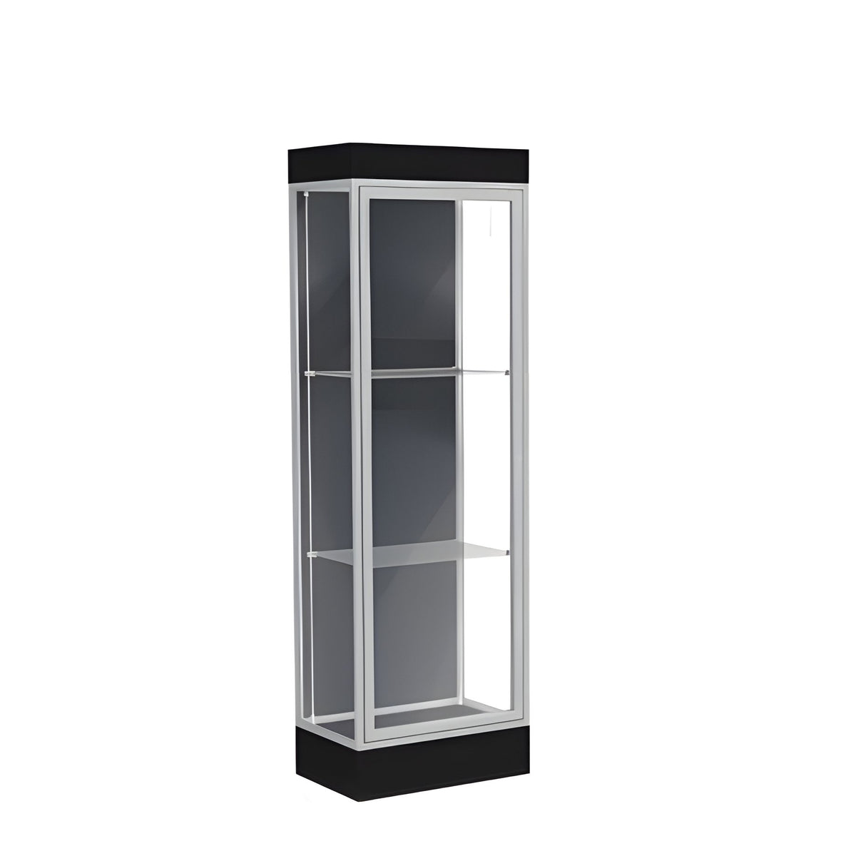 Edge Lighted Floor Display Case, 6" Black Base w/ Slate Back and Satin Natural Aluminum Frame, 76"H x 24"W x 20"D