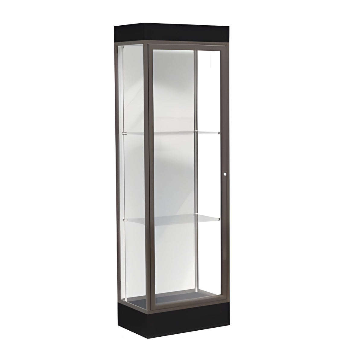 Edge Lighted Floor Display Case, 6" Black Base w/ White Back and Dark Bronze Aluminum Frame, 76"H x 24"W x 20"D