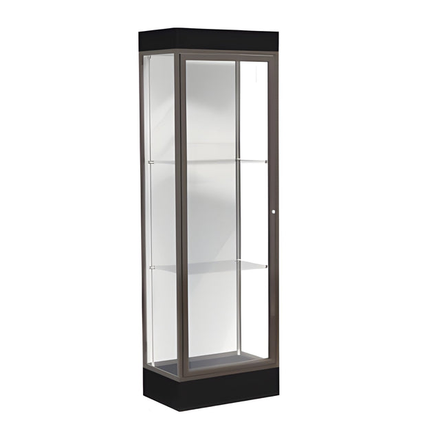 Edge Lighted Floor Display Case, 6" Black Base w/ White Back and Dark Bronze Aluminum Frame, 76"H x 24"W x 20"D