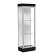 Edge Lighted Floor Display Case, 6" Black Base w/ White Back and Satin Natural Aluminum Frame, 76"H x 24"W x 20"D