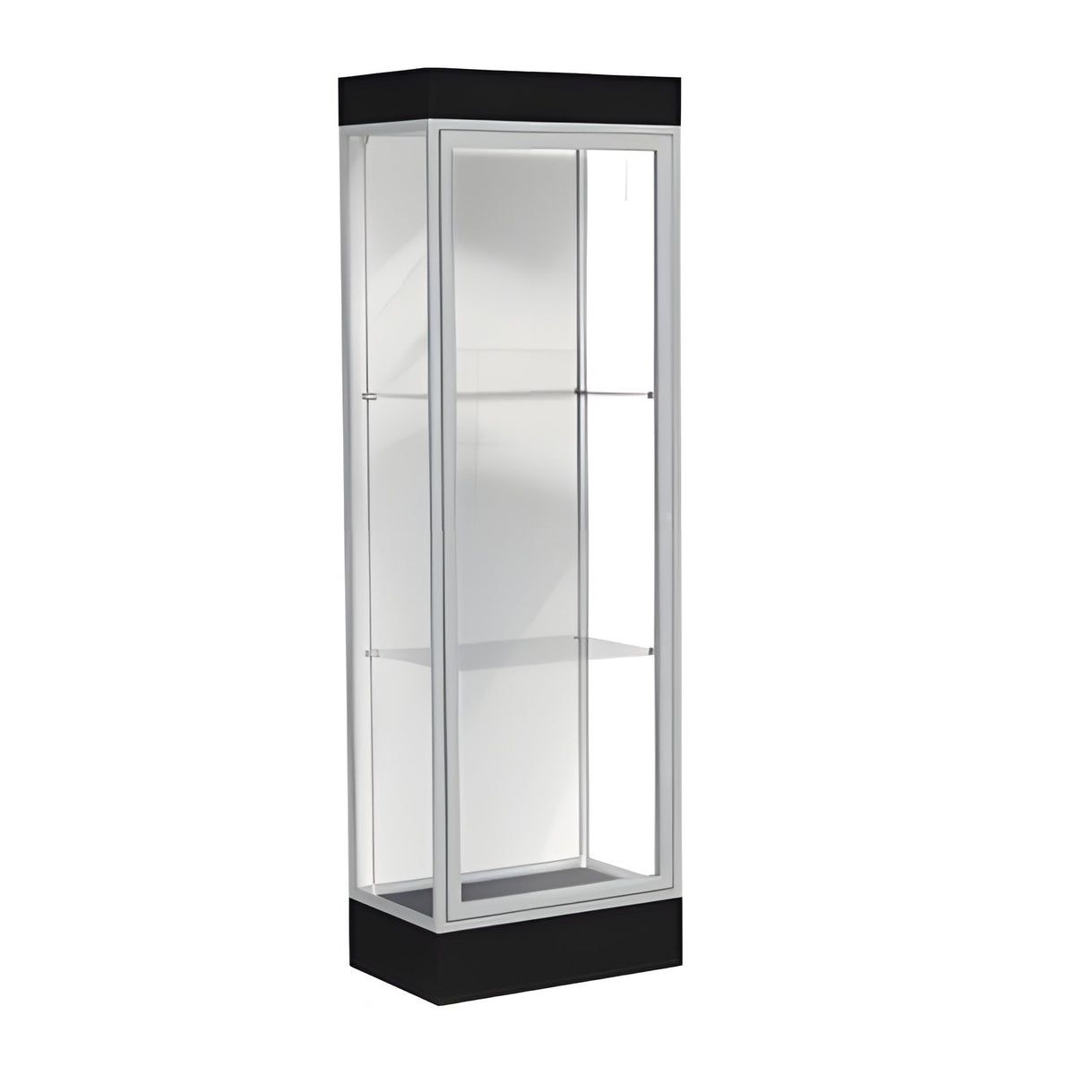Edge Lighted Floor Display Case, 6" Black Base w/ White Back and Satin Natural Aluminum Frame, 76"H x 24"W x 20"D