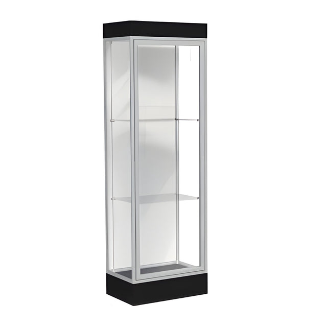 Edge Lighted Floor Display Case, 6" Black Base w/ White Back and Satin Natural Aluminum Frame, 76"H x 24"W x 20"D