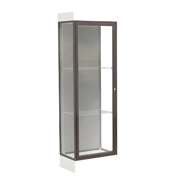 Edge Lighted Floor Display Case, 6" Frosty White Base w/ Harbor Back and Dark Bronze Aluminum Frame, 76"H x 24"W x 20"D