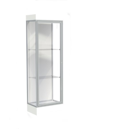 Edge Lighted Floor Display Case, 6" Frosty White Base w/ White Back and Satin Natural Aluminum Frame, 76"H x 24"W x 20"D